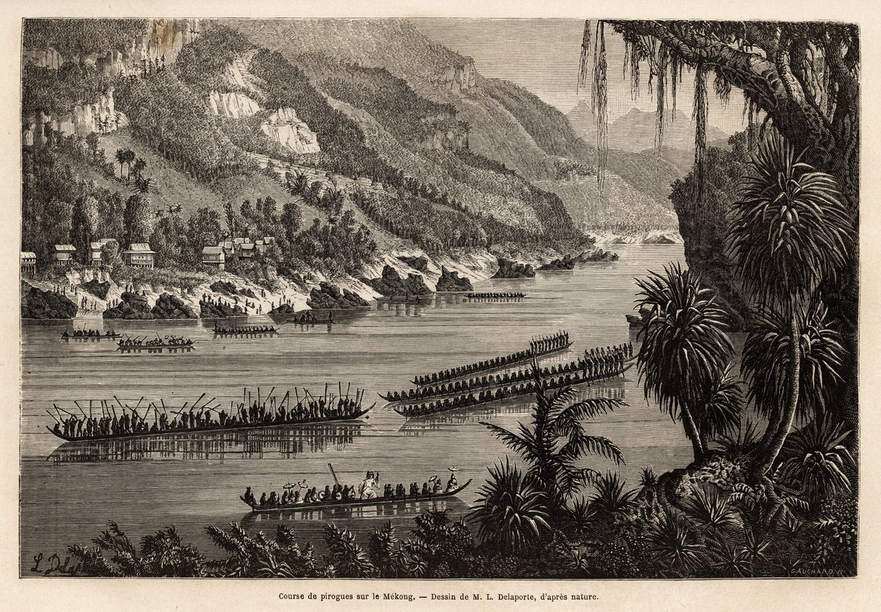Carrera tradicional de canoas en el río Mekong. Grabado para ilustrar el viaje de exploración en Indochina, por Fran de Unknown artist