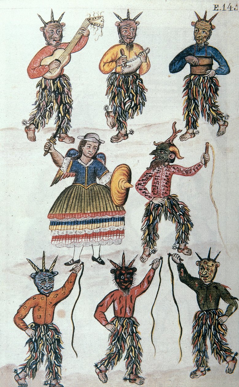 Danza tradicional de los Diablicos en Perú, del libro "Trujillo del Perú" o "Códice Martínez Compañón", por Baltazar Martínez Compañón y Bujanda, obispo de Trujillo (1782-1785) de Unknown artist