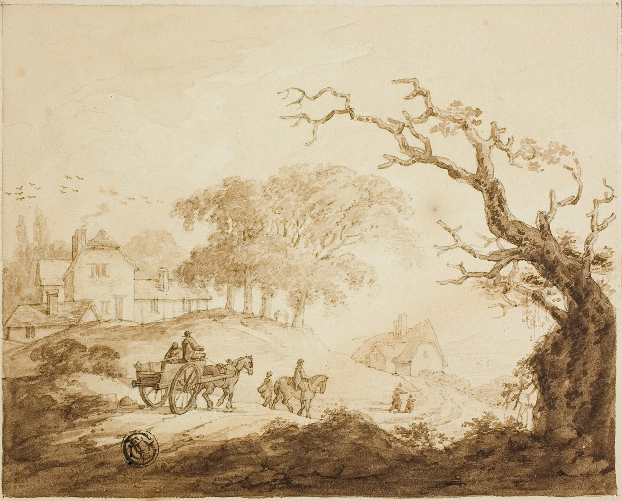 Viajeros con Caballos y Carro en un Camino Pasando Casas de Unknown artist