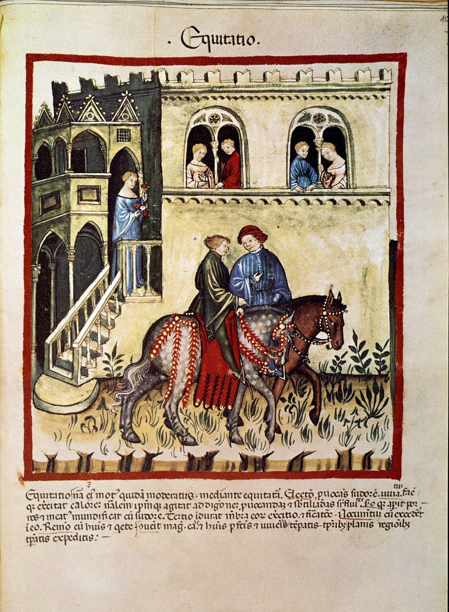 Tratado de medicina: "los beneficios de la equitación". Página tomada de "Tacuinum sanitatis" alrededor de 1400. Viena, Biblioteca Nacional de Austria de Unknown artist