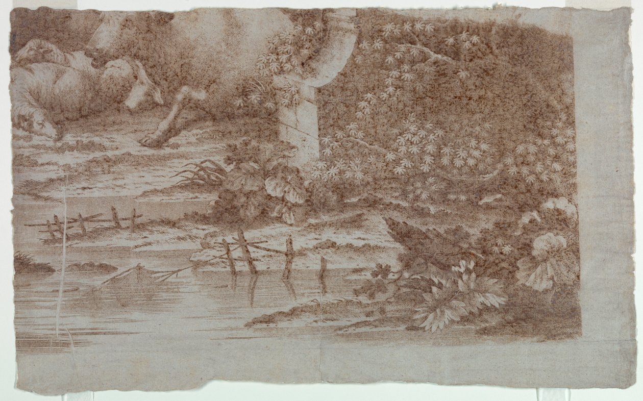 Prueba de ensayo para impresión de algodón: "Escena pastoral con pavos reales y aves de corral" de Unknown artist