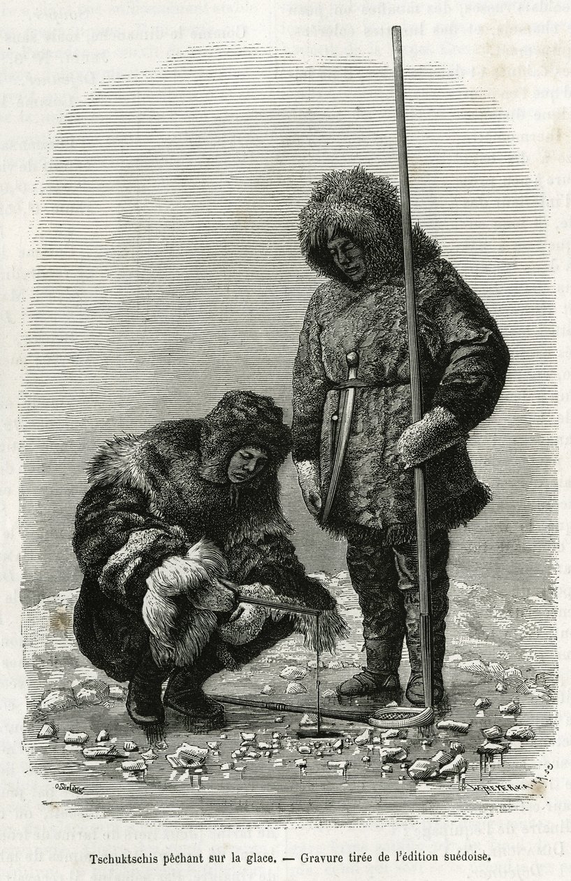Tschuktschis pescando en el hielo en la Bahía de Koljutschin (círculo polar). Grabado de la edición sueca, para ilustrar la historia “Viaje de la Vega alrededor de Asia y Europa”, por Nils Adolf Erik (Eric) Barón Nordenskjold (Nordenskiold) (1832-1901), en de Unknown artist