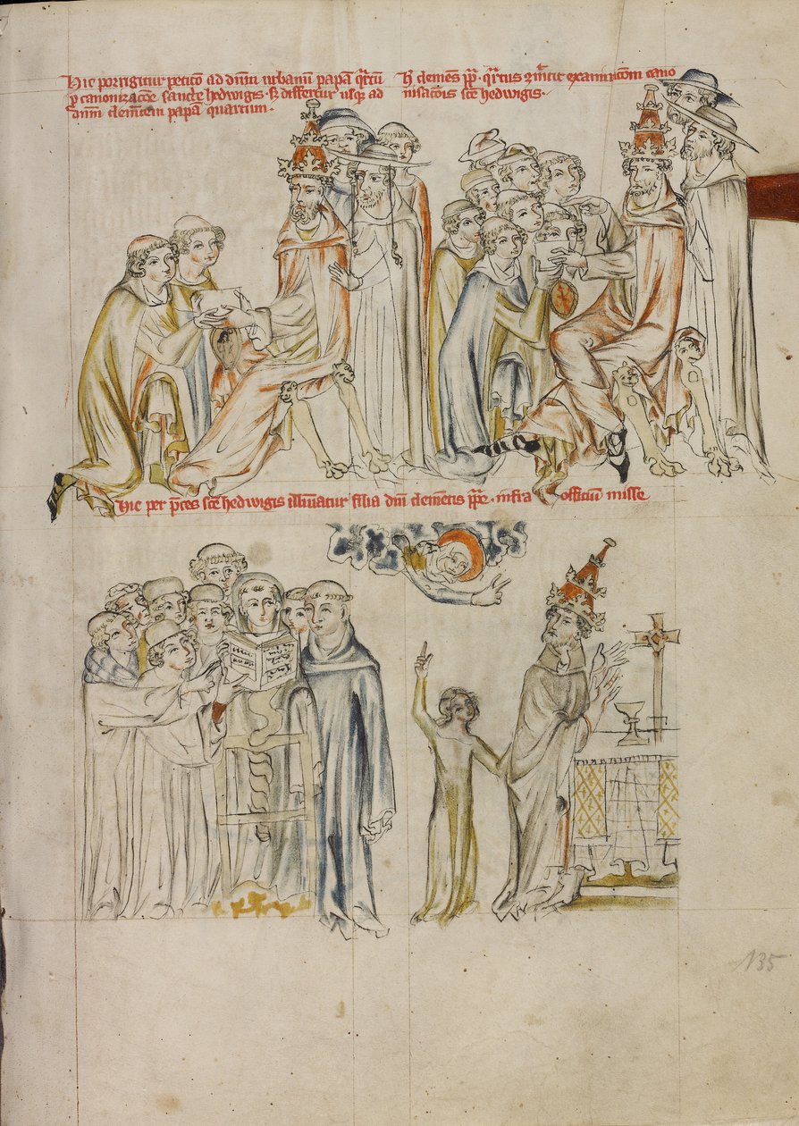 Dos clérigos solicitan la canonización de Santa Eduviges ante el Papa Urbano IV; el Papa Clemente solicita la intercesión de Santa Eduviges para curar a su hija ciega. de Unknown artist