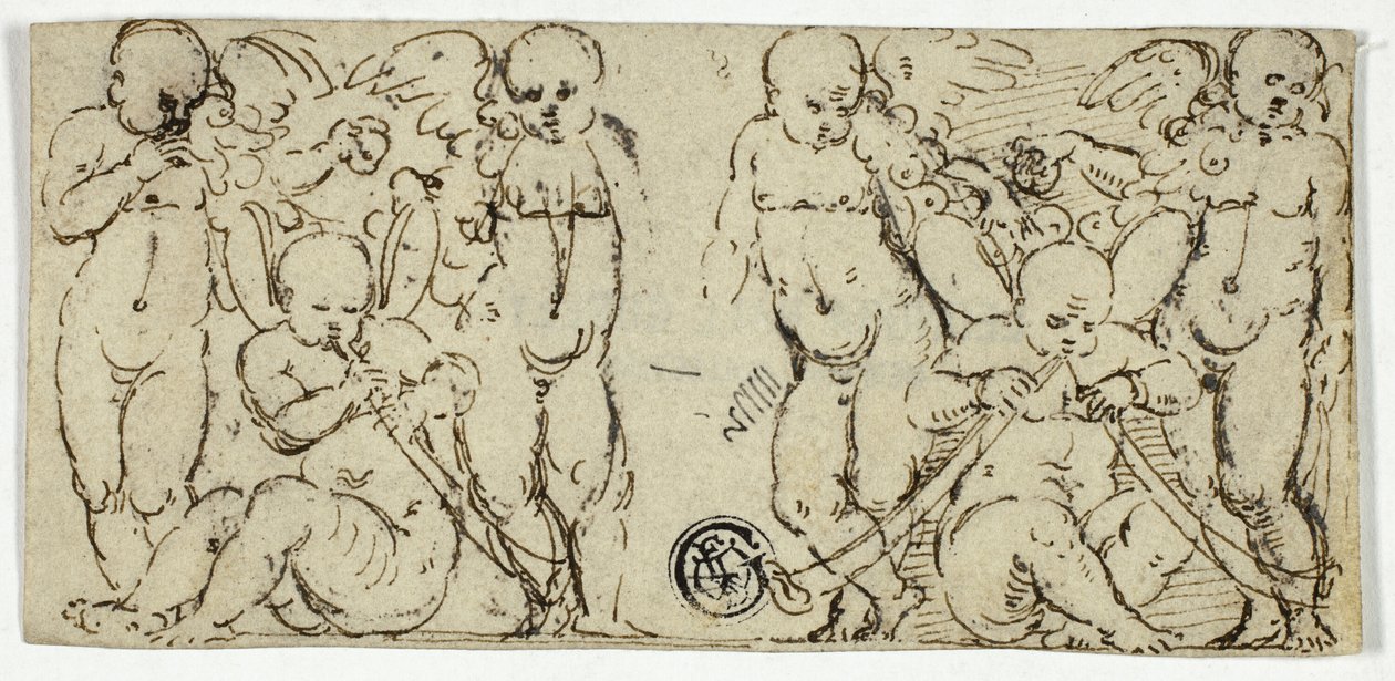 Dos Grupos Decorativos de Putti con Trompetas y Frutas de Unknown artist