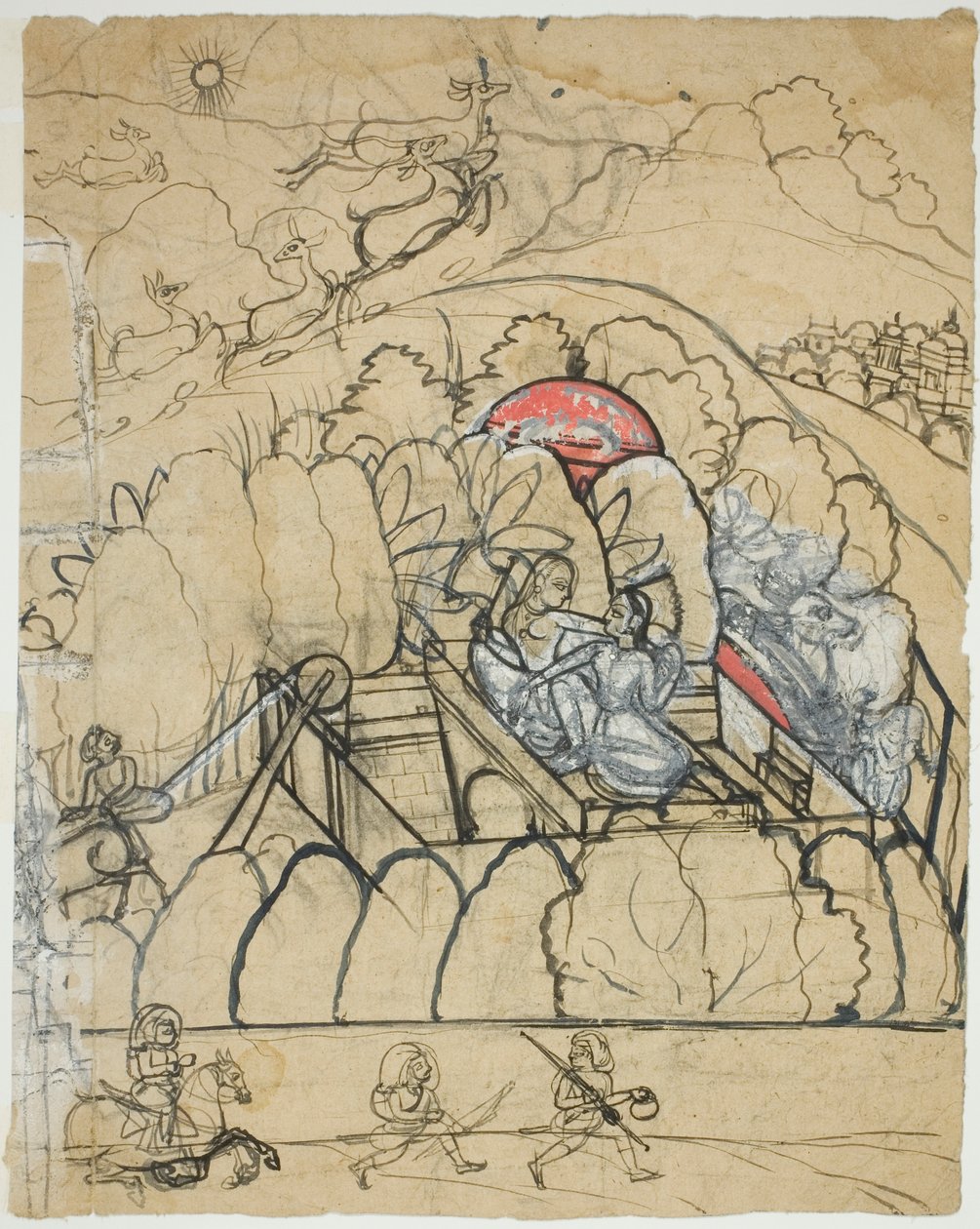 Dos señoras conversan en un pozo escalonado (baoli) de un jardín amurallado de Unknown artist