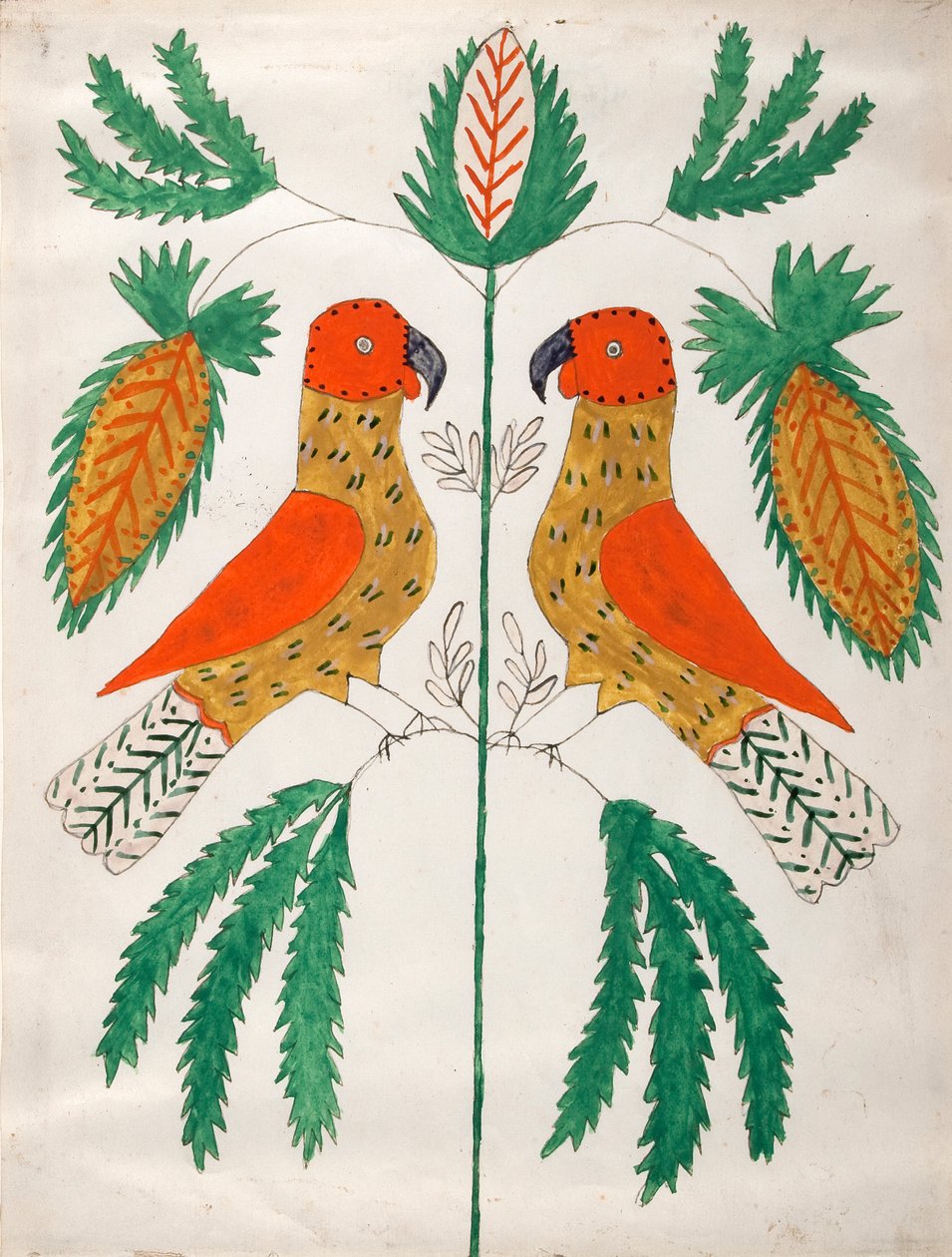 Dos loros rojos y amarillos uno frente al otro (hojas verdes) de Unknown artist