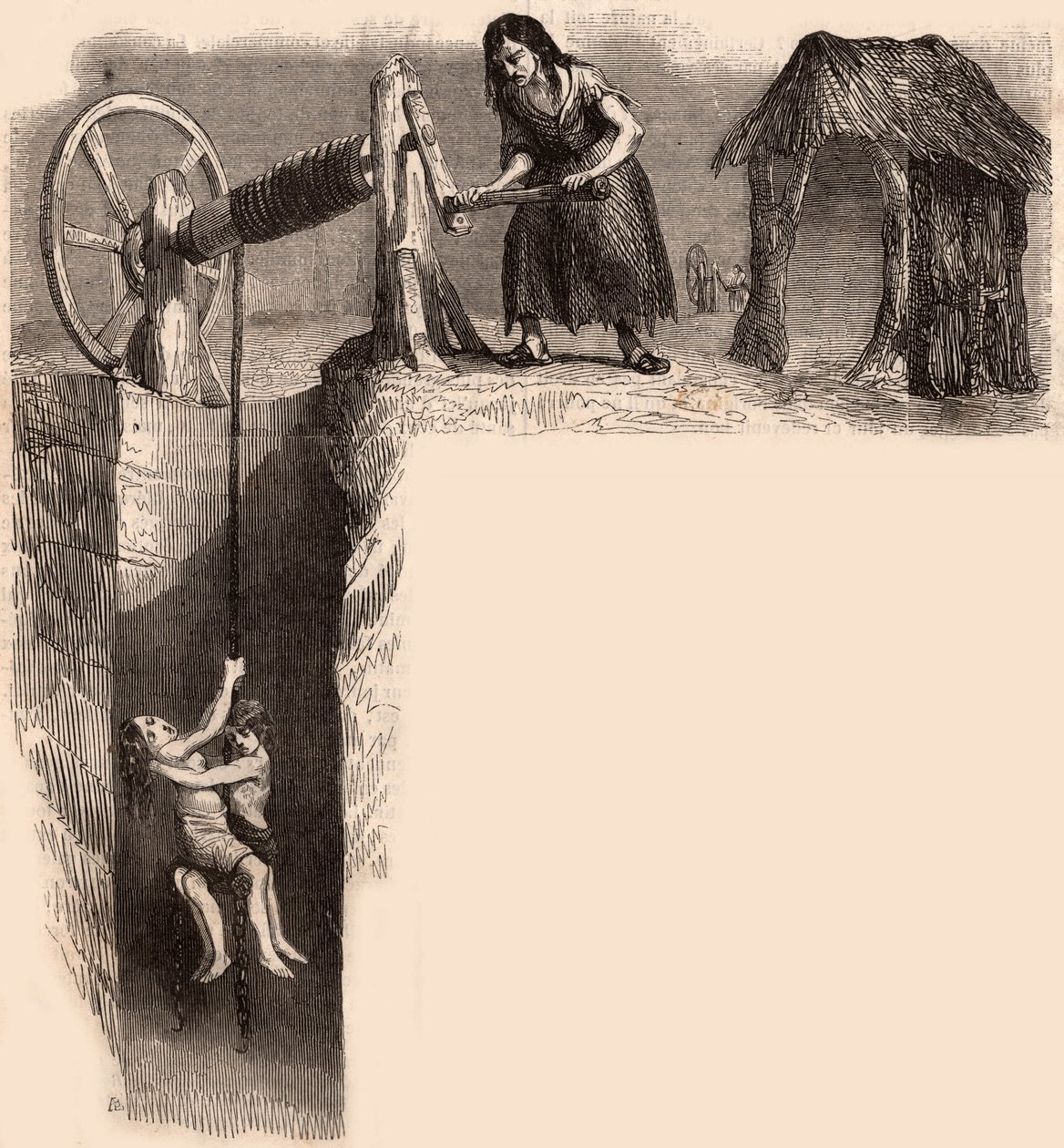 Dos niños exhaustos sacados de una mina de carbón inglesa por una mujer con un cabrestante (grabado) de Unknown artist