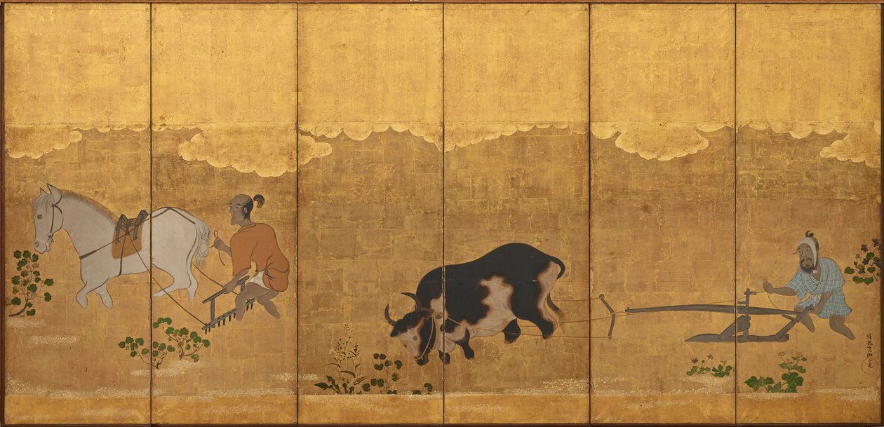 Dos agricultores arando y rastrillando un campo de arroz de Unknown artist