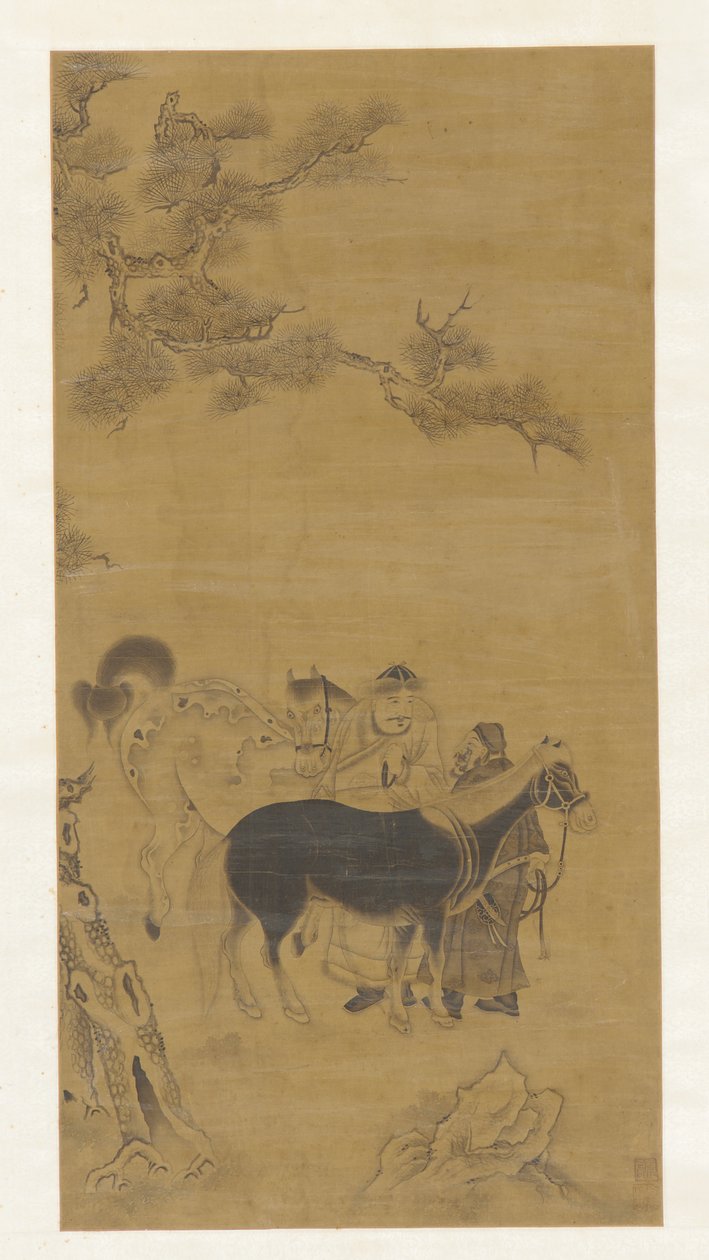 Dos hombres y dos caballos bajo un pino de Unknown artist