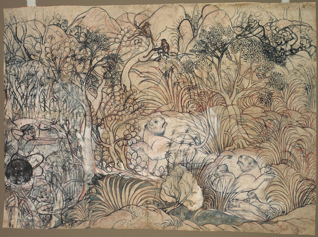 Umed Singh de Kota cazando leones de Unknown artist