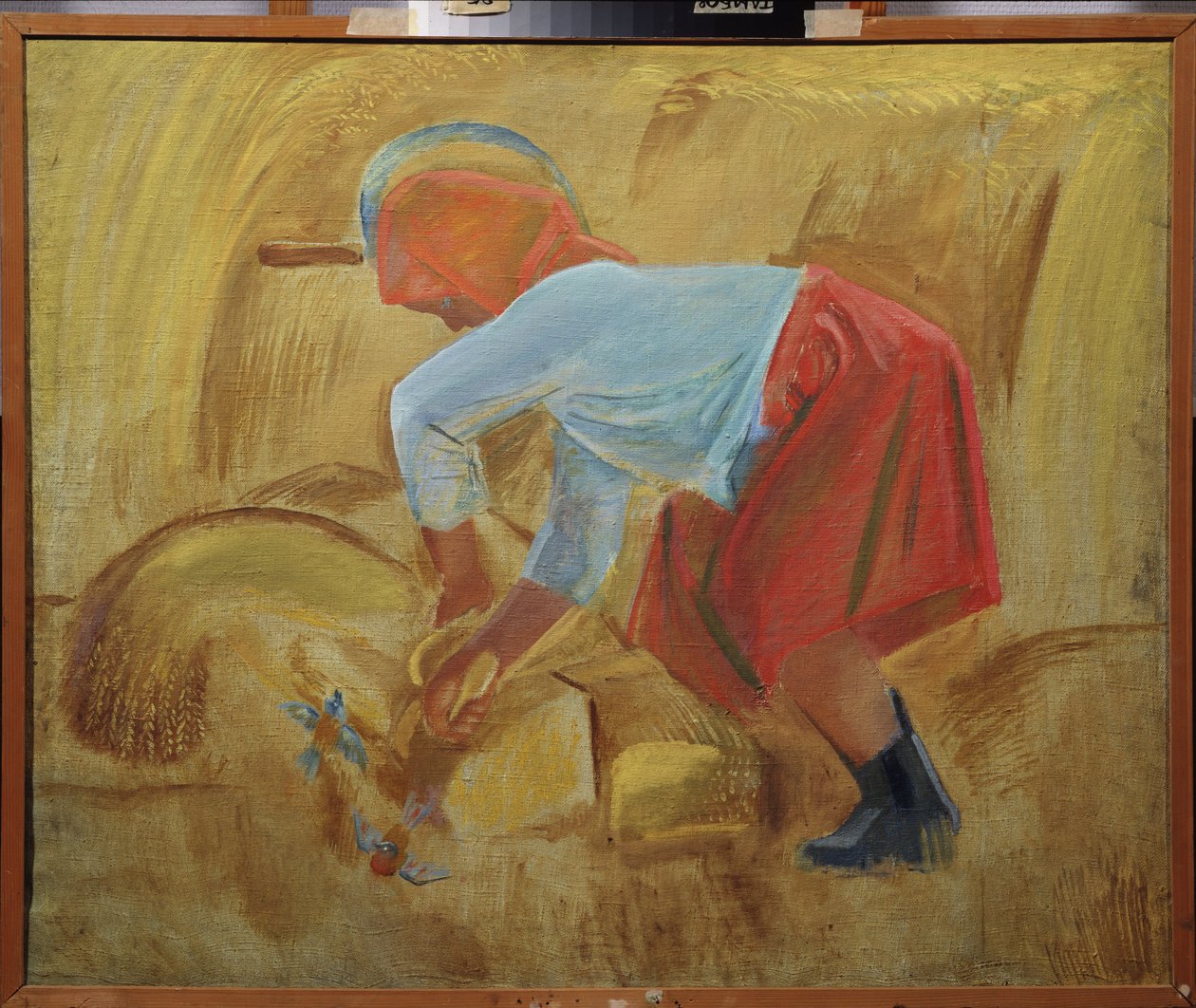 Una cosechadora con una hoz en la cabeza. Pintura de Alexei Fyodorovich Pakhomov (1900-1973), óleo sobre lienzo de Unknown artist