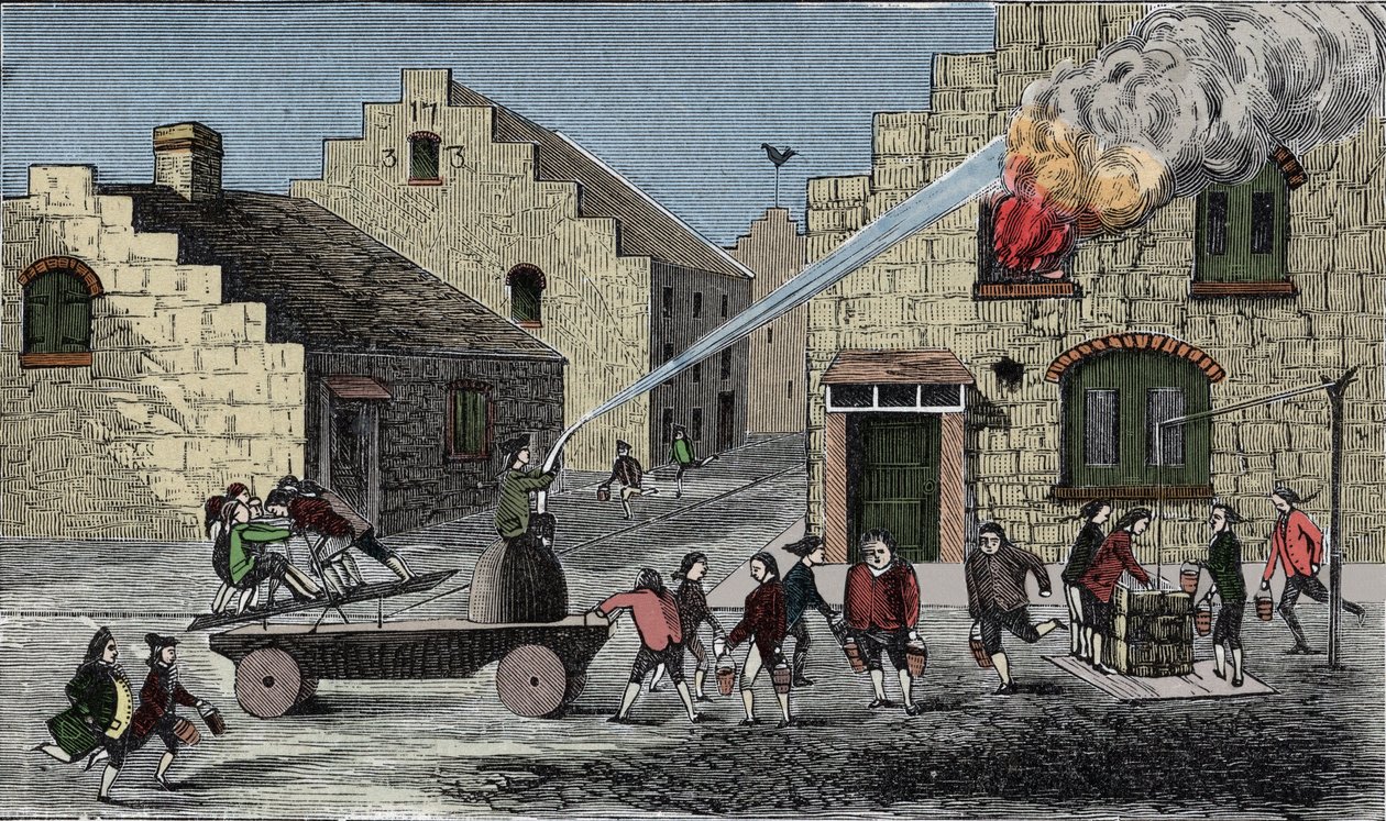 Uso de una bomba de incendios para extinguir un fuego. Grabado de 1733. de Unknown artist
