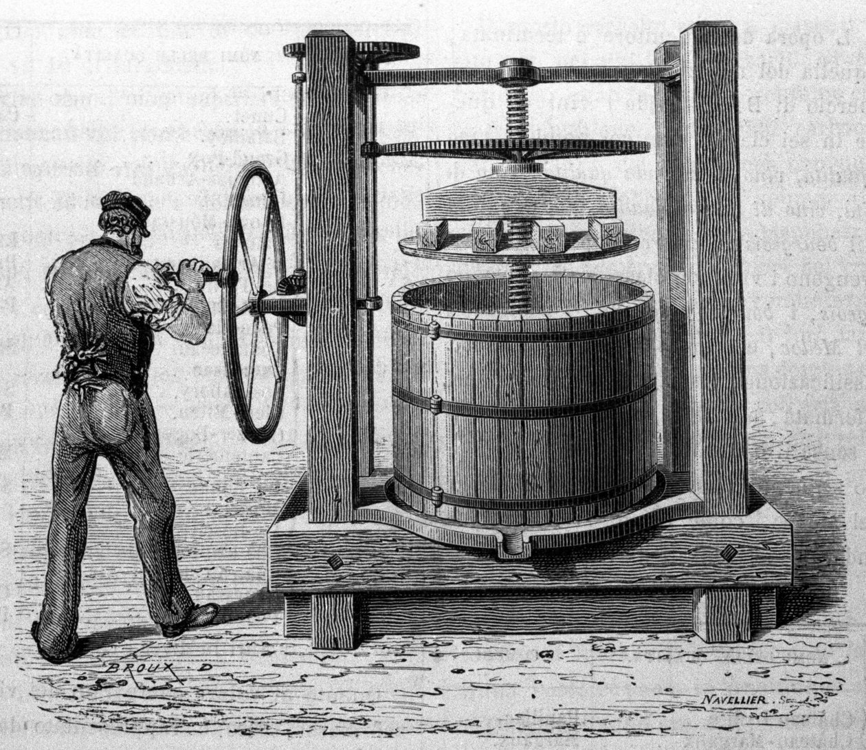 Uso de la prensa para obtener orujo de uva en Medoc y Cognac. Grabado de finales del siglo XIX de Unknown artist