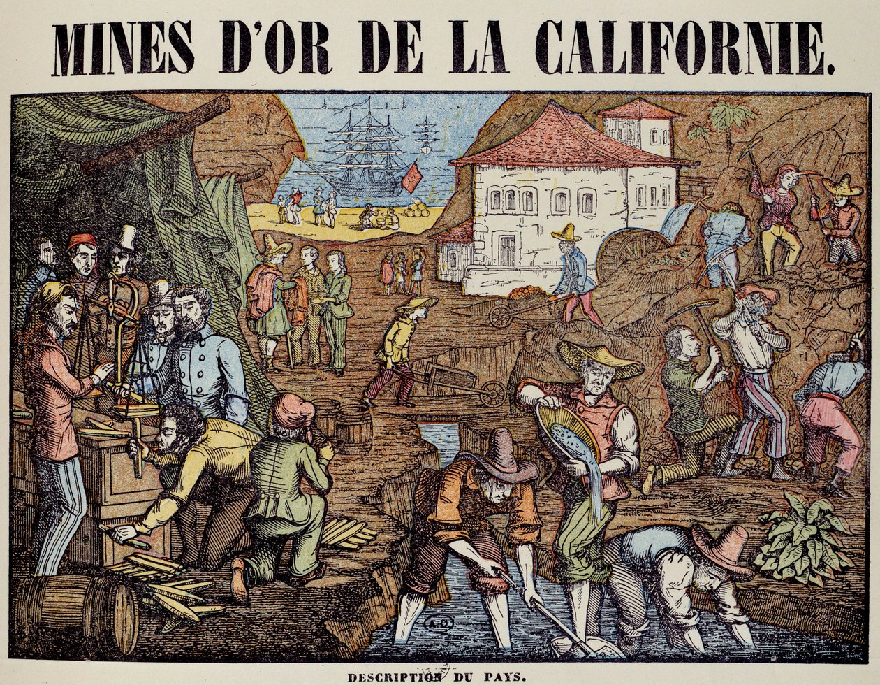 Varias actividades de una mina de oro en California: búsqueda de pepitas, pesaje, compra, salida de las mercancías. Grabado del siglo XIX. París, artes decorativas de Unknown artist