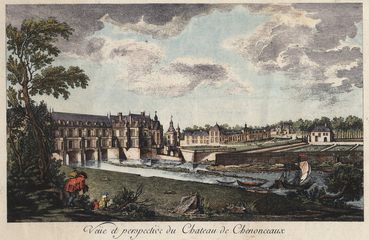 Vista y perspectiva del castillo de Chenonceau en Indre-et-Loire (Francia) grabado del siglo XVIII de Unknown artist