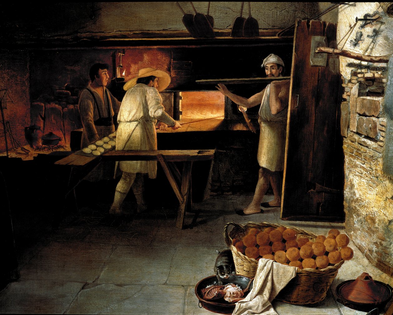 Vista del interior de una panadería Los panaderos hornean el pan en el horno. Pintura anónima del siglo XVIII. Roma, Museo del Folclore de Unknown artist