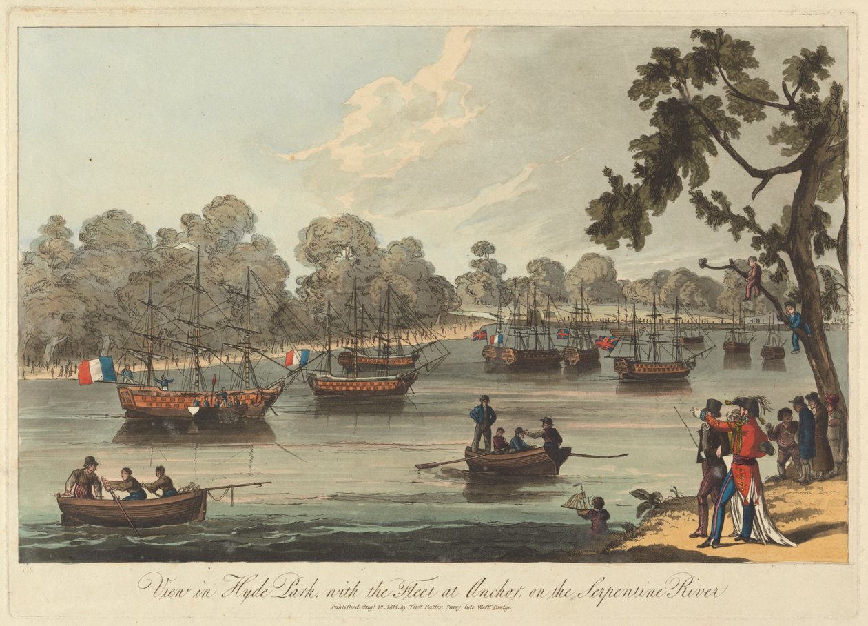 Vista de Hyde Park, con la flota anclada en el río Serpentine, 12 de agosto de 1814 de Unknown artist