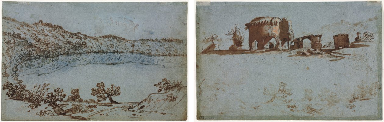 Vista del lago Nemi (recto) Pequeño grupo de ruinas romanas (verso) de Unknown artist