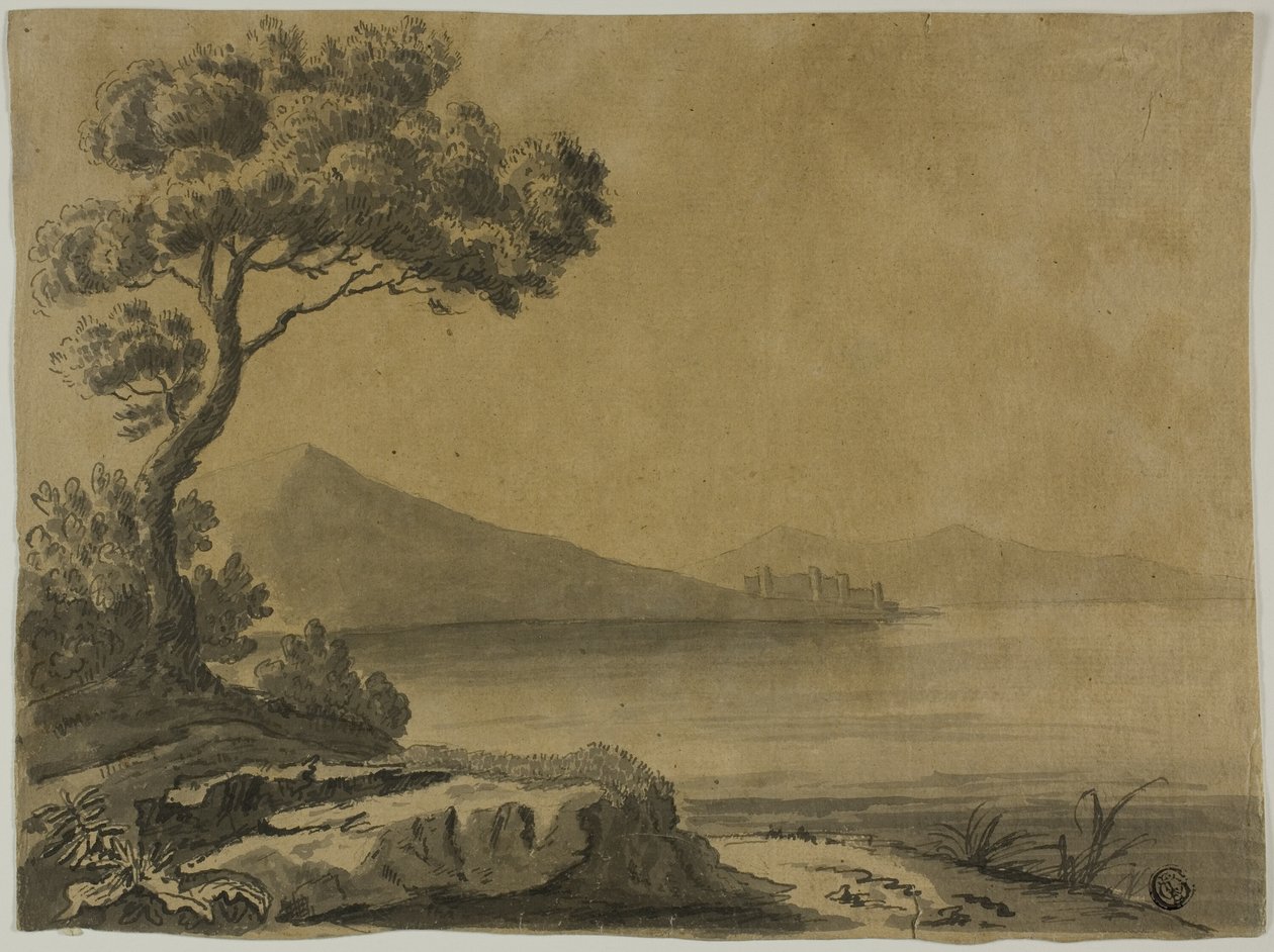 Vista del lago, con grandes árboles en primer plano de Unknown artist