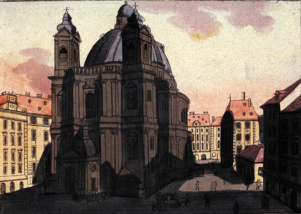 Vista de la Plaza de San Pedro y la Iglesia en Viena, Austria. Grabado de 1820 de Unknown artist