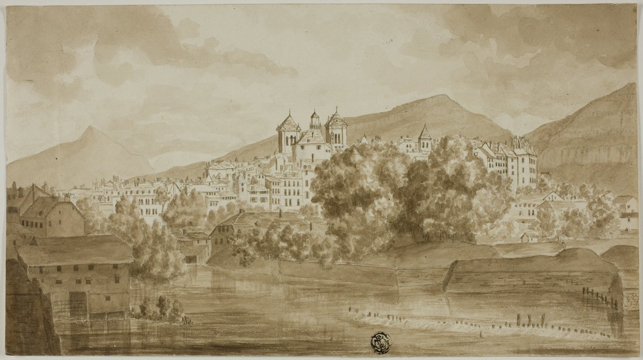 Vista de la ciudad con vista al río de Unknown artist