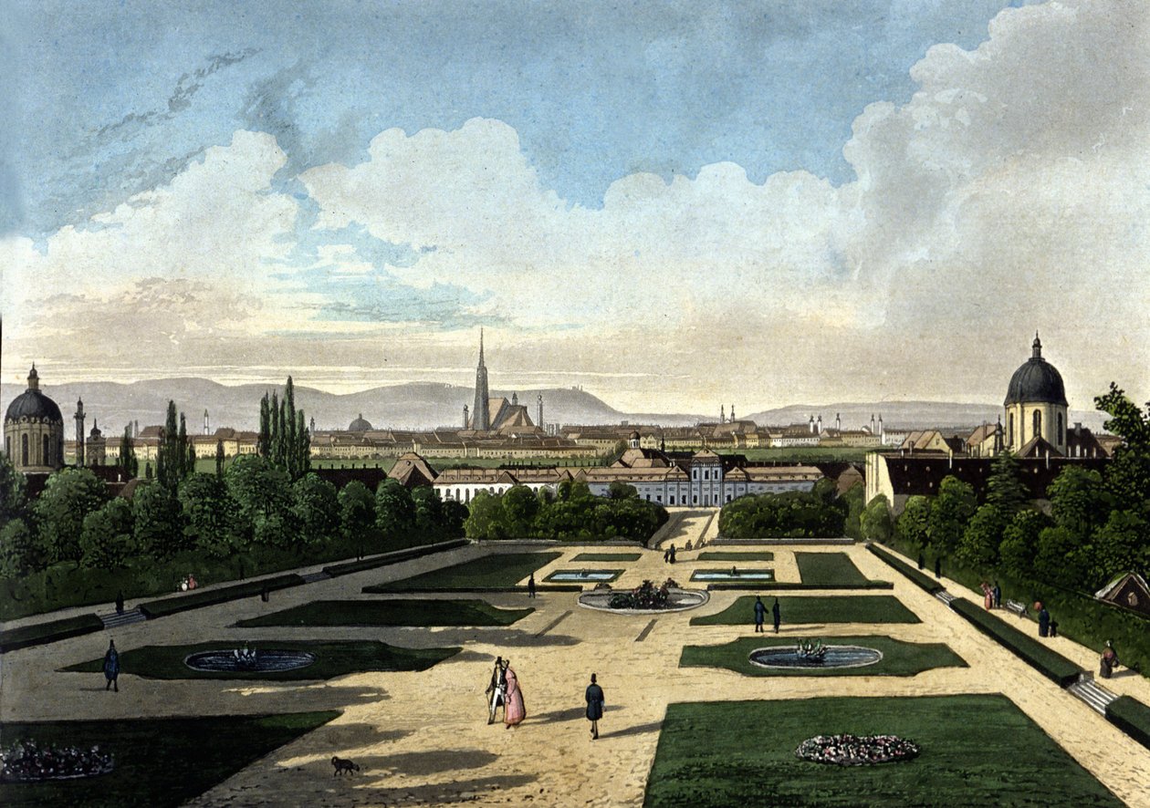 Vista del Belvedere de Viena, palacio barroco austriaco construido por Eugenio de Saboya. Litografía del siglo XIX de Unknown artist