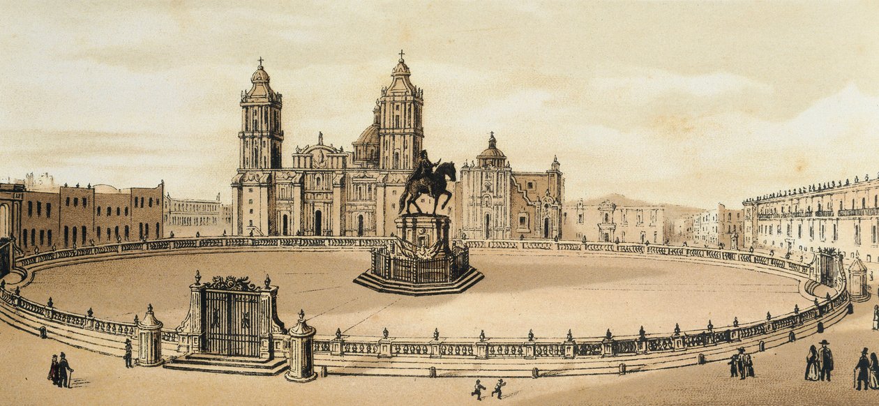 Vista de la Plaza del Zócalo y la Catedral en la Ciudad de México, México. Litografía de finales del siglo XIX de Unknown artist
