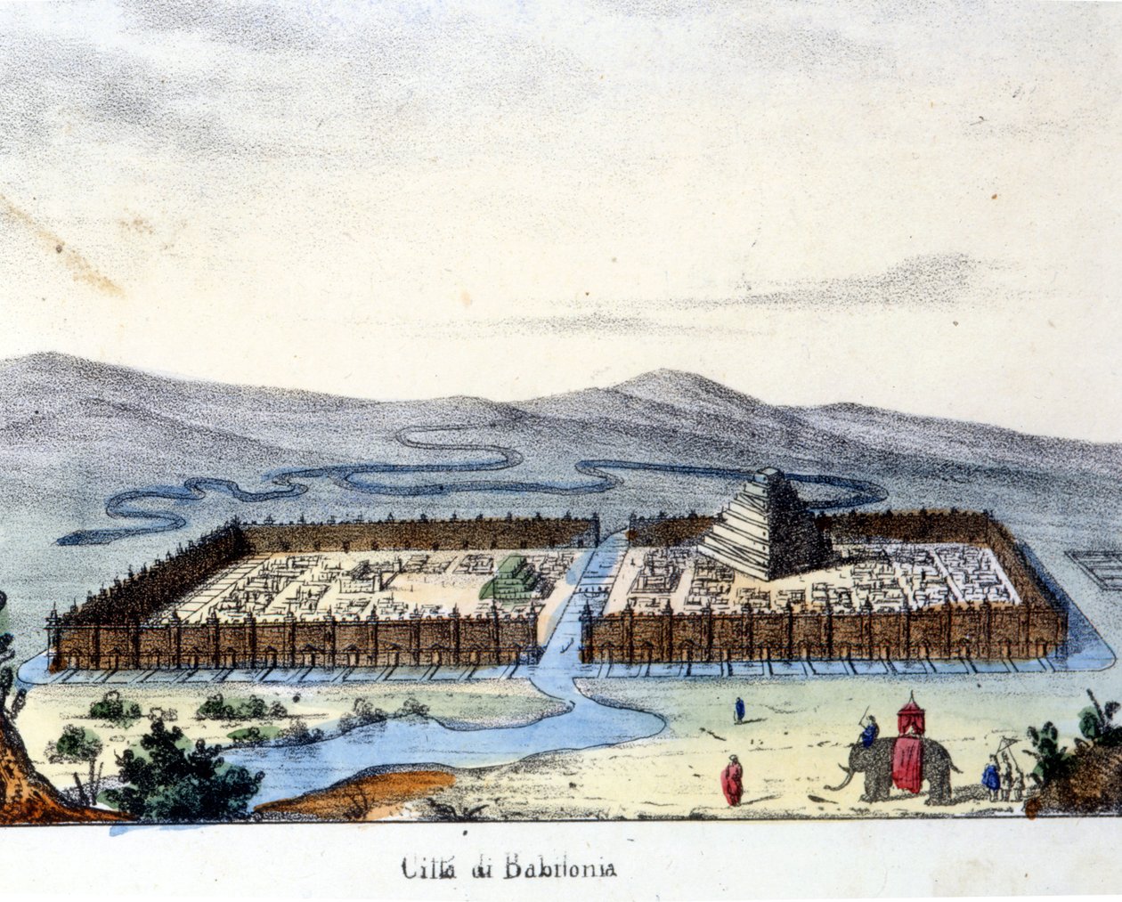 Vista de la antigua Babilonia: en el centro el templo y los jardines colgantes. Principios del siglo XIX de Unknown artist