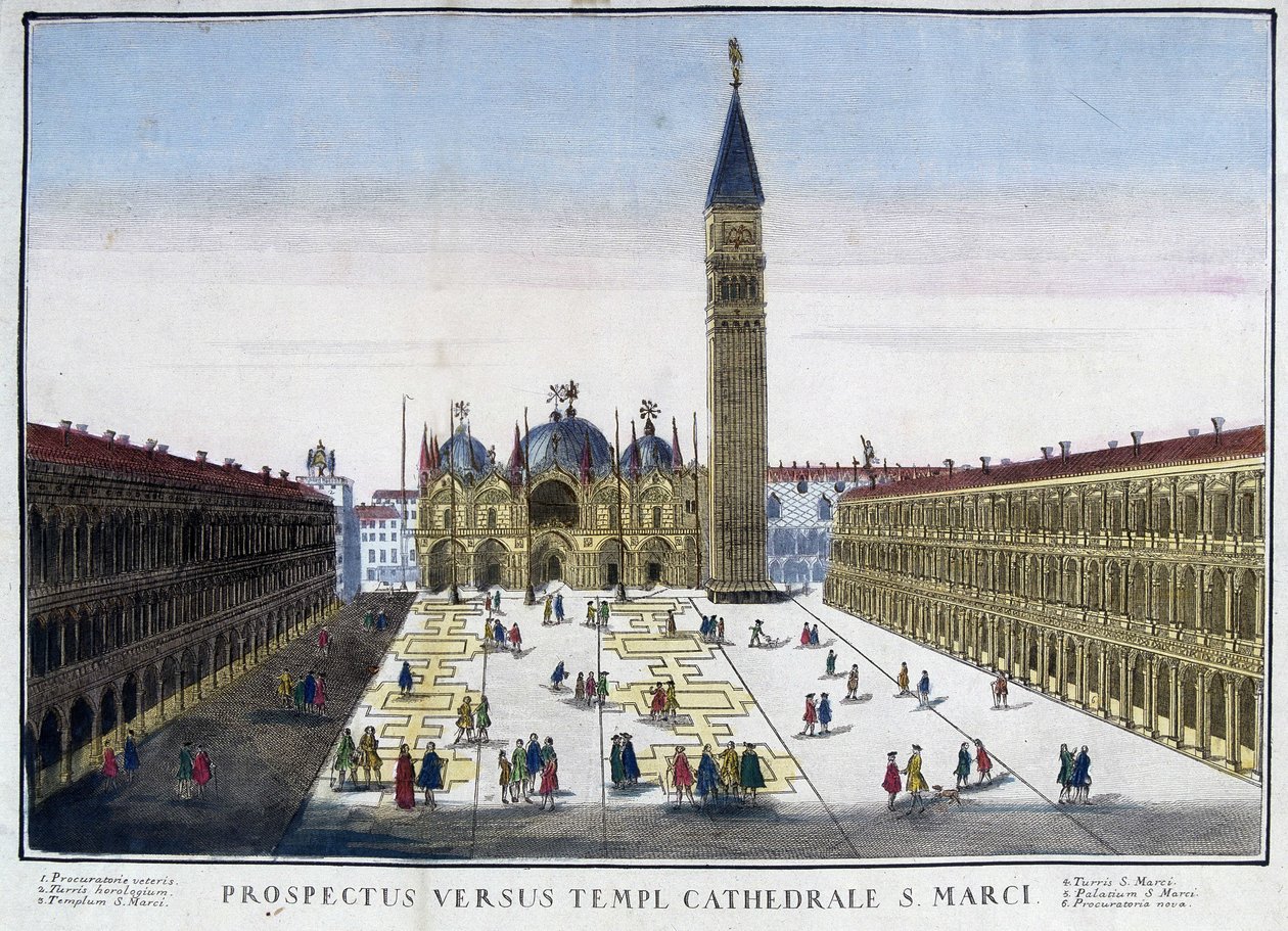 Vista de la Basílica y el Campanario desde la Plaza de San Marcos (San Marco) en Venecia, Italia. Grabado del siglo XVIII de Unknown artist