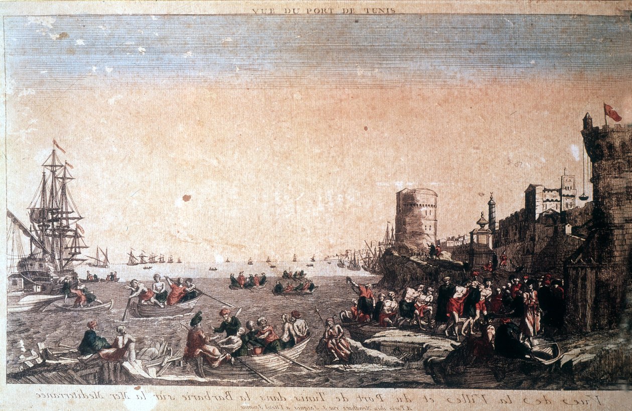 Vista de la Ciudad y Puerto de Túnez en la barbarie del Mar Mediterráneo - Piratas capturados llegando al Puerto de La Goulette en Túnez. Grabado del siglo XVIII. de Unknown artist