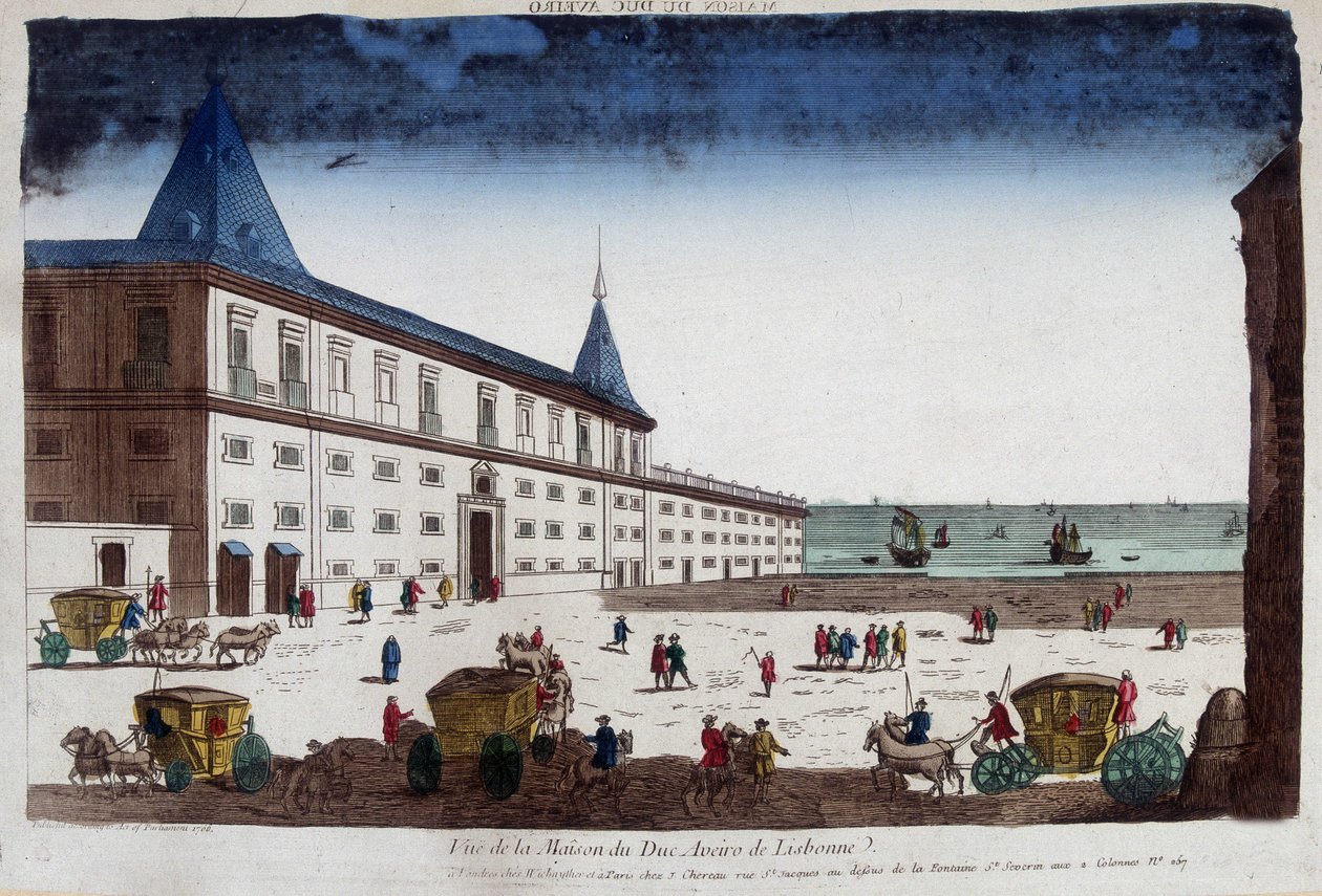 Vista de la casa del Duque de Aveiro en Lisboa, Portugal. Grabado del siglo XVIII de Unknown artist
