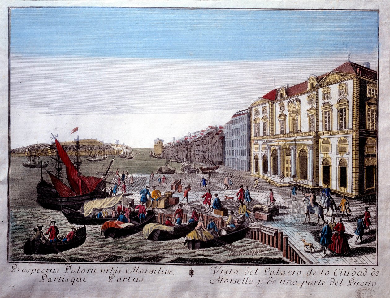 Vista del Hotel de Ville y parte del Puerto de Marsella Escena de actividades comerciales y descarga de mercancías en el muelle. Grabado anónimo del siglo XVIII Marsella, Museo de la Marina de Unknown artist