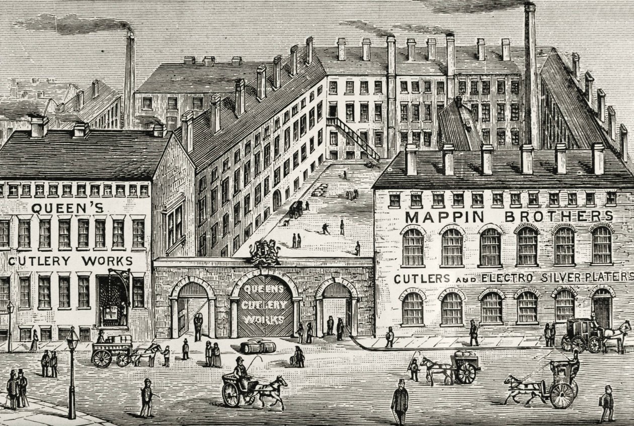 Vista de la fábrica de cuchillería Mappin Brothers en Londres. Detalle del anuncio de 1891. Grabado. de Unknown artist