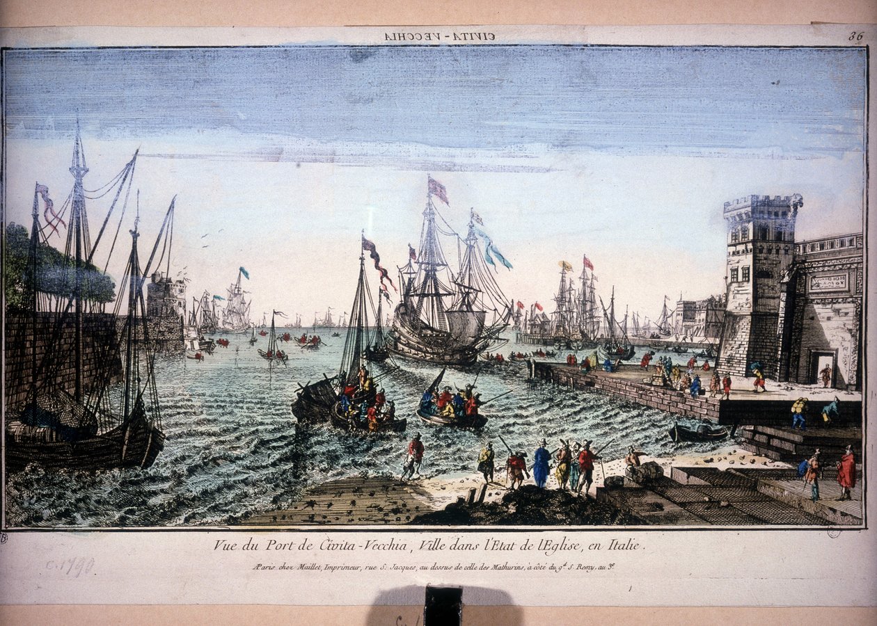 Vista del Puerto de Civitavecchia, Ciudad en el Estado de la Iglesia, Italia. Vista óptica del siglo XVIII de Unknown artist