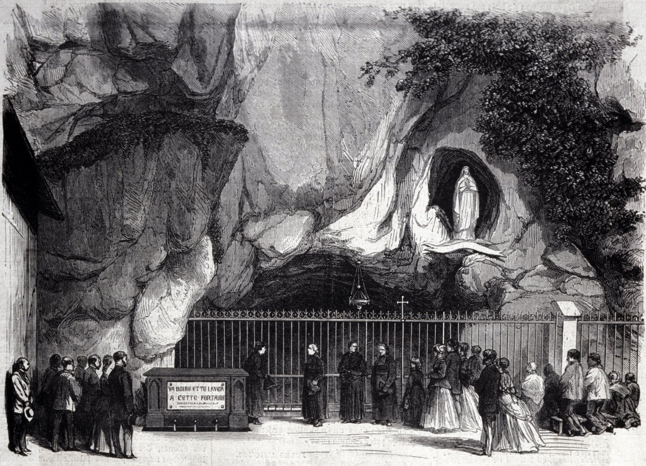 Vista de la cueva de Lourdes en los Altos Pirineos donde la Virgen se apareció a Bernadette Soubirous (1844-1879) en 1858, lugar de peregrinación actual. Grabado del siglo XIX de Unknown artist