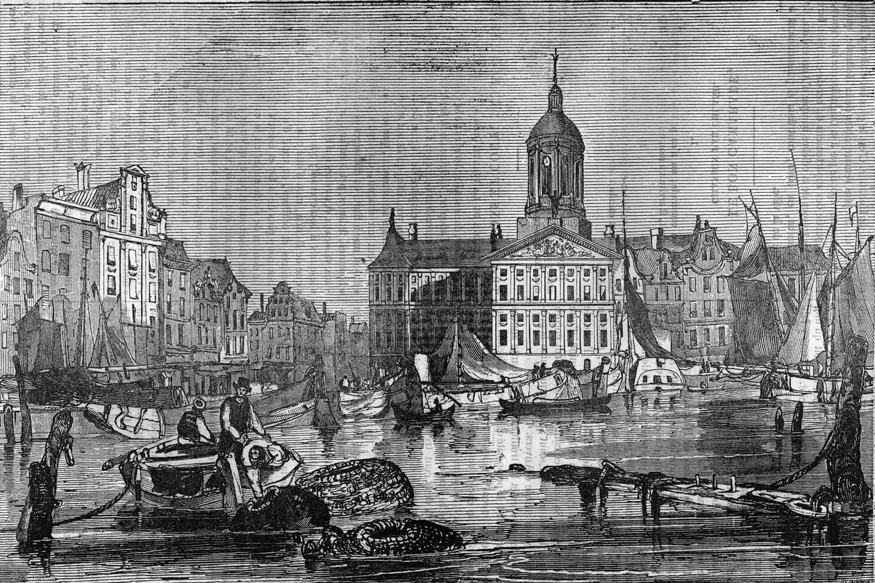 Vista de la ciudad de Ámsterdam y el antiguo Ayuntamiento en el siglo XIX de Unknown artist