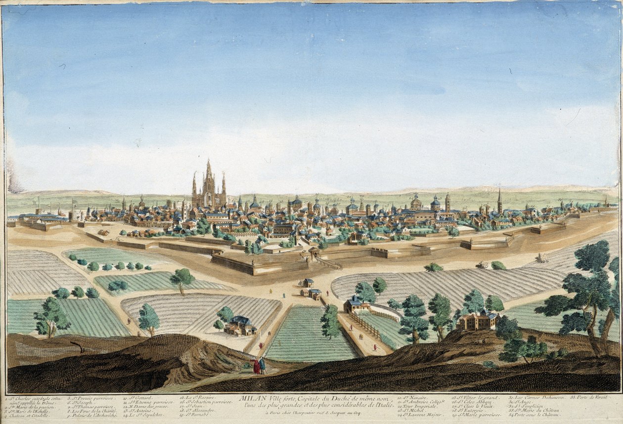 Vista de la ciudad de Milán, Italia con la catedral y las fortificaciones. Grabado del siglo XVIII de Unknown artist