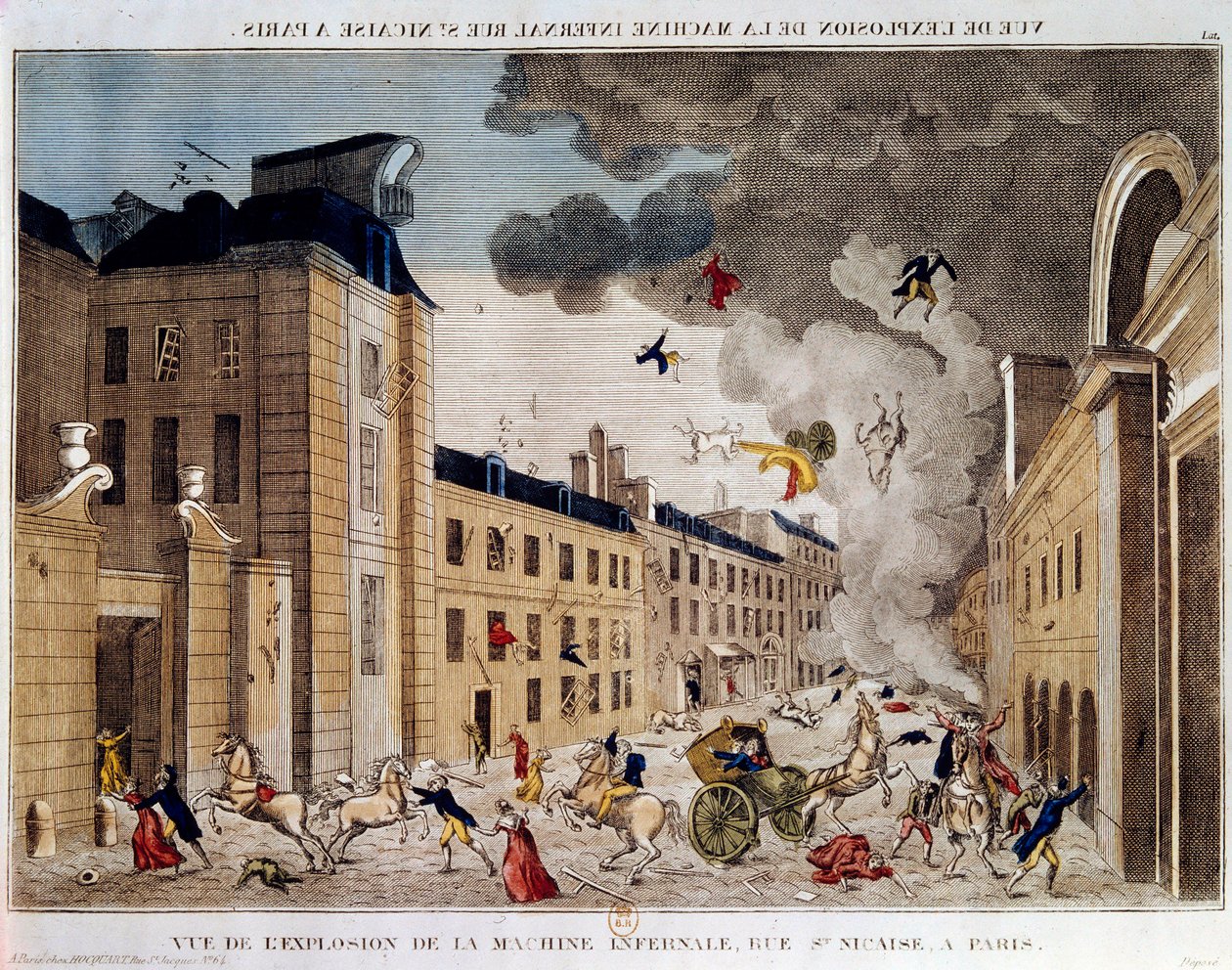 Vista de la explosión de la máquina infernal de la rue Saint Nicaise en París el 3 de nivose an IX. La conspiración de la máquina infernal es una conspiración para matar a Napoleón Bonaparte, el nuevo Primer Cónsul tras el golpe de estado del 18 de Brumari de Unknown artist