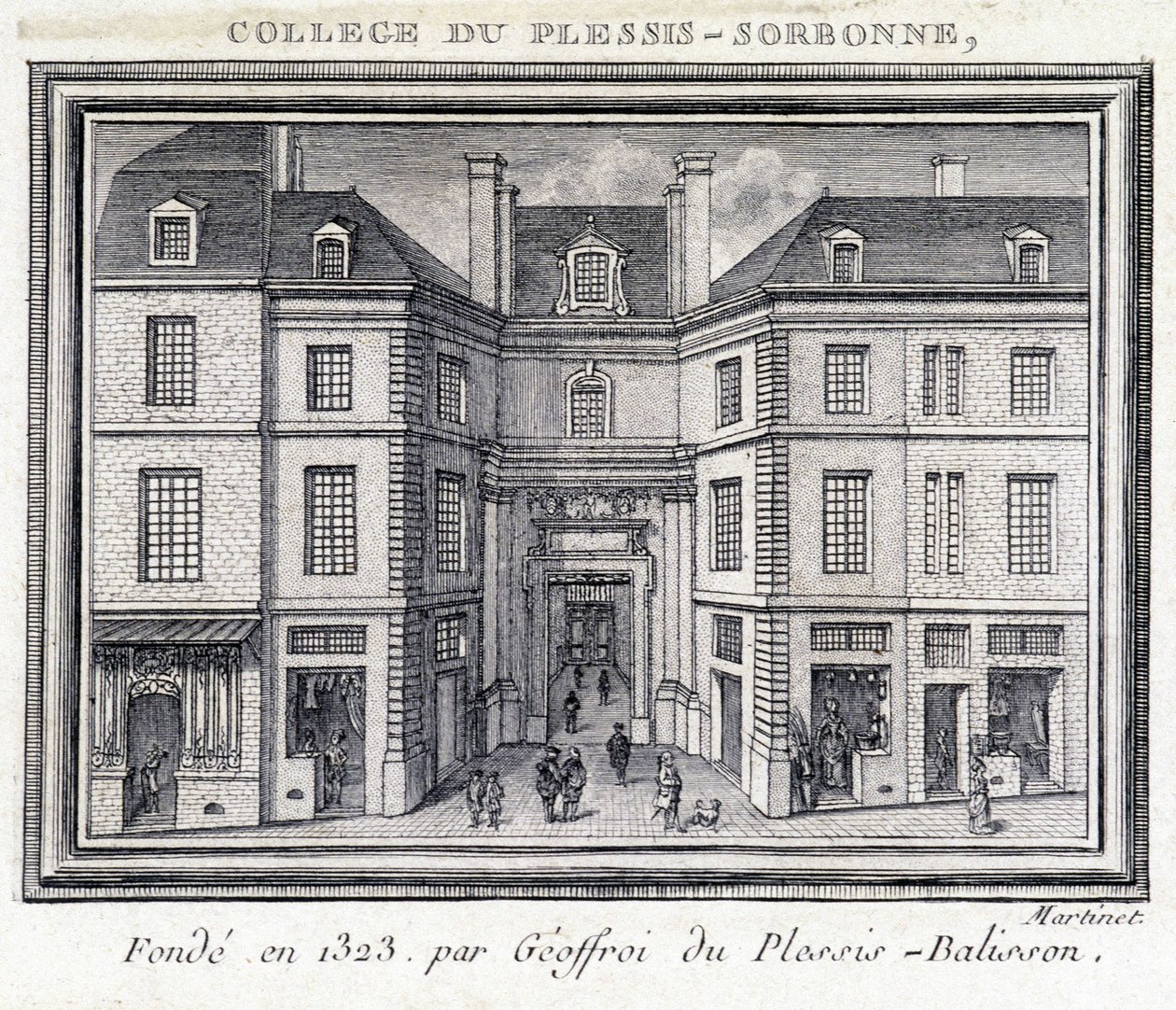 Vista de la fachada exterior del colegio de Plessis Sorbonne (París), fundado en 1323 por Geoffroy de Plessis Balisson, utilizado de 1848 a 1849 por la ENA. Grabado conservado en el Museo Carnavalet, París. de Unknown artist