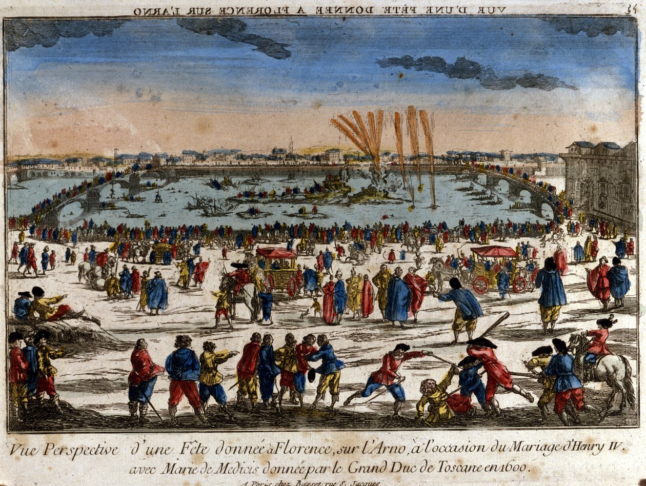 Vista de la fiesta dada en Florencia a orillas del río Arno por el Gran Duque de Toscana con motivo de la boda de Enrique IV con María de Médici en 1600. Grabado. de Unknown artist