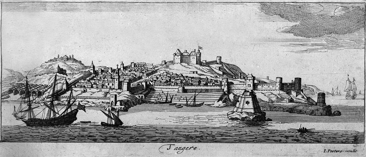 Vista de la ciudad fortificada de Tánger y la costa, Marruecos. Grabado del siglo XVIII de Unknown artist