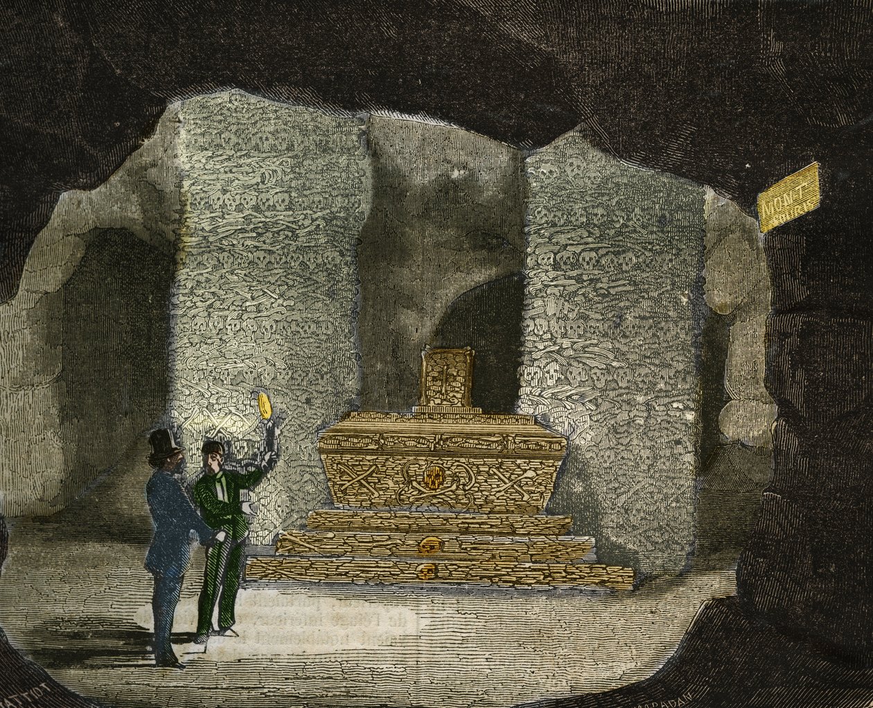 Vista del osario de las catacumbas de Montsouris en París. Grabado de 1856 en “Le Musee Des Sciences”. de Unknown artist