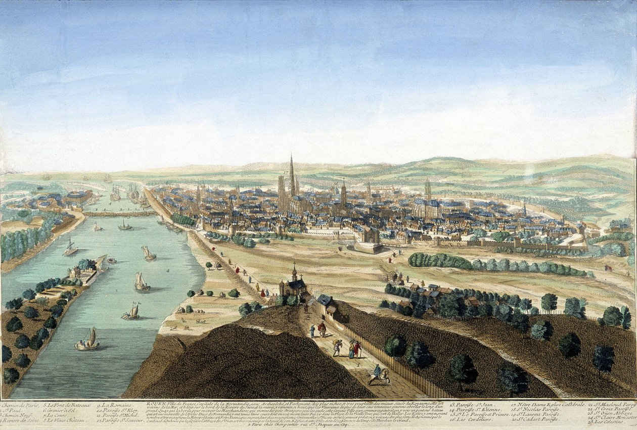 Vista del puerto y la ciudad de Rouen; Grabado del siglo XVIII de Unknown artist