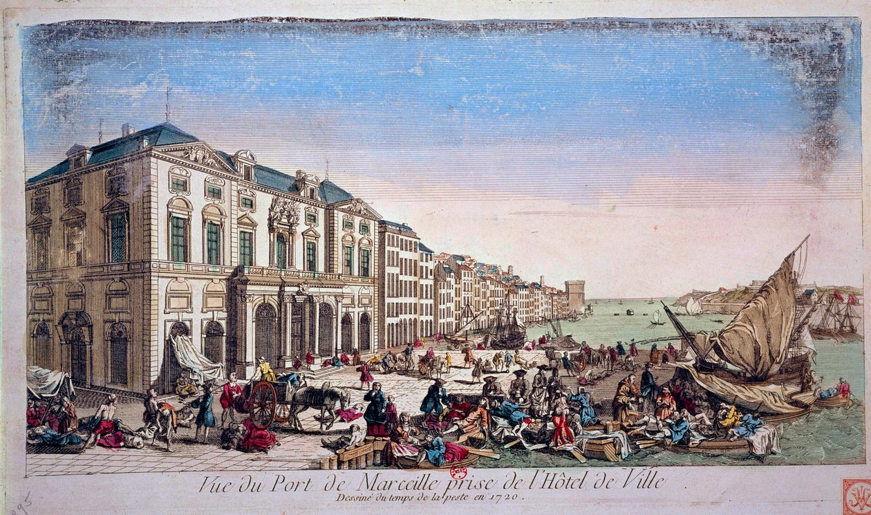 Vista del puerto de Marsella desde el Ayuntamiento en la época de la epidemia de peste de 1720. Grabado de 1720 París, B.N. de Unknown artist
