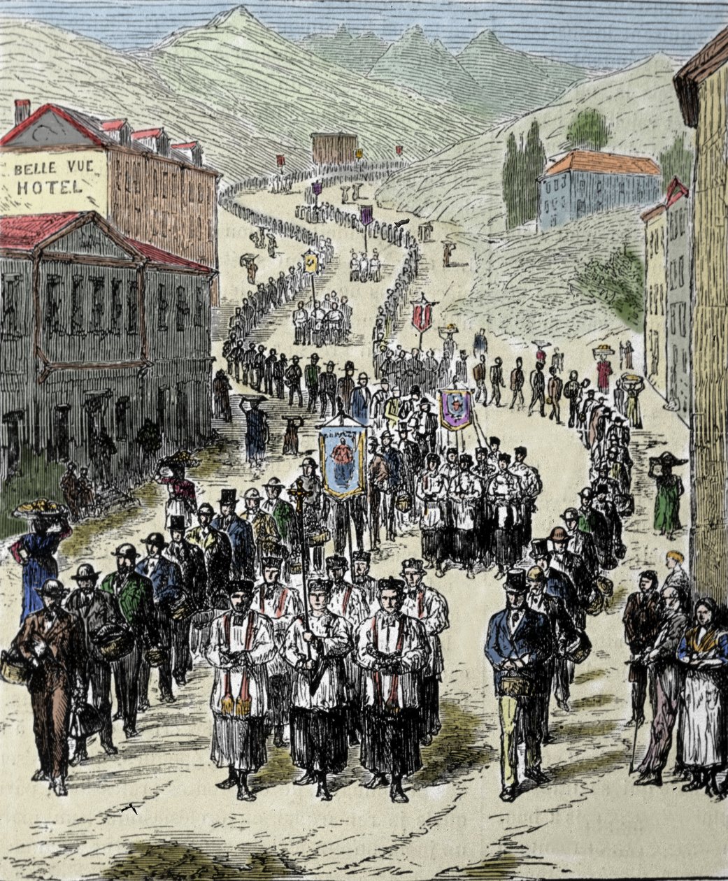 Vista de la procesión desde la estación hasta la cueva de Lourdes en los Altos Pirineos donde la Virgen se apareció a Bernadette Soubirous en 1858, lugar actual de peregrinación. Grabado del siglo XIX de Unknown artist