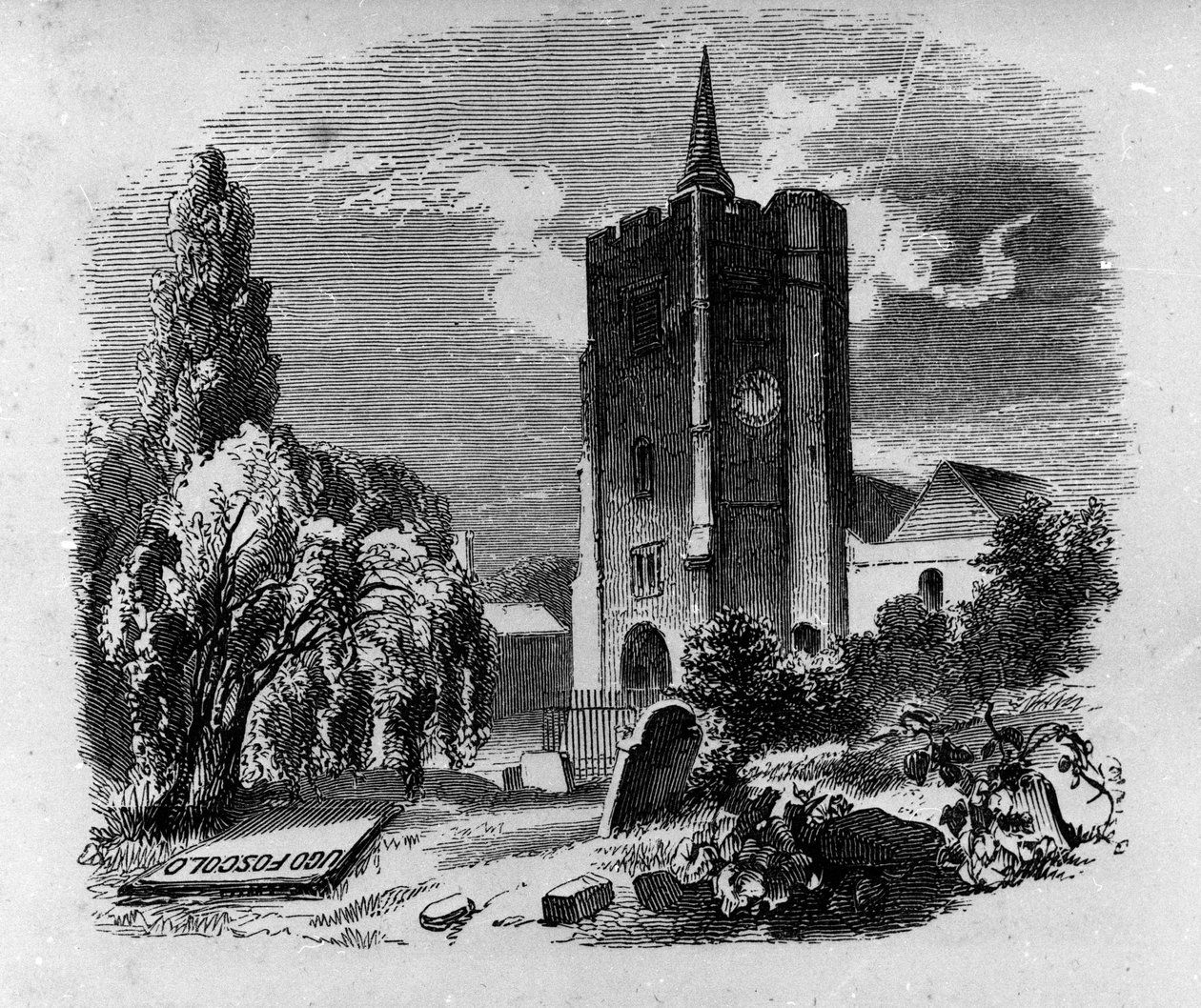 Vista de la tumba del poeta y dramaturgo italiano Ugo Foscolo (1778-1827) en el cementerio de Chiswick en Londres. Grabado del siglo XIX. de Unknown artist