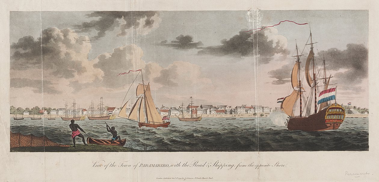 Vista de la ciudad de Paramaribo, con la carretera y la navegación desde la orilla opuesta de Unknown artist