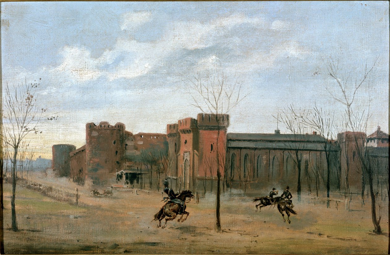 Vista del castillo Sforza con entrenamiento de caballería de Unknown artist