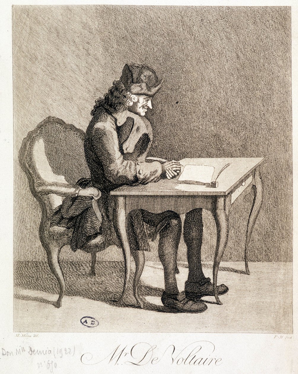 Voltaire en su mesa de trabajo - grabado de Unknown artist