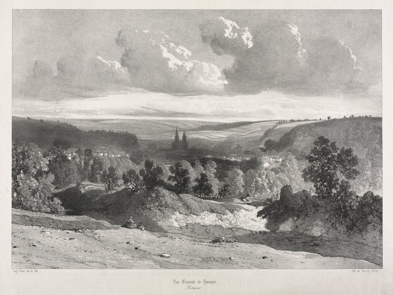 Viajes pintorescos y románticos en la antigua Francia. Bretaña: Vista general de Quimper de Unknown artist